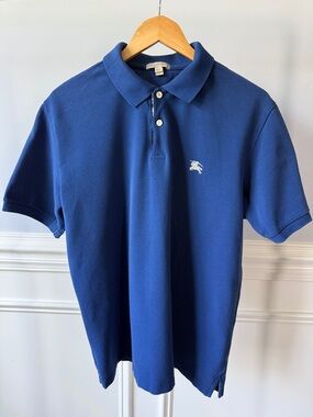 Burberry Brit Men's Polo Royal Blue Shirt L Large with Embroidered Knight Logo